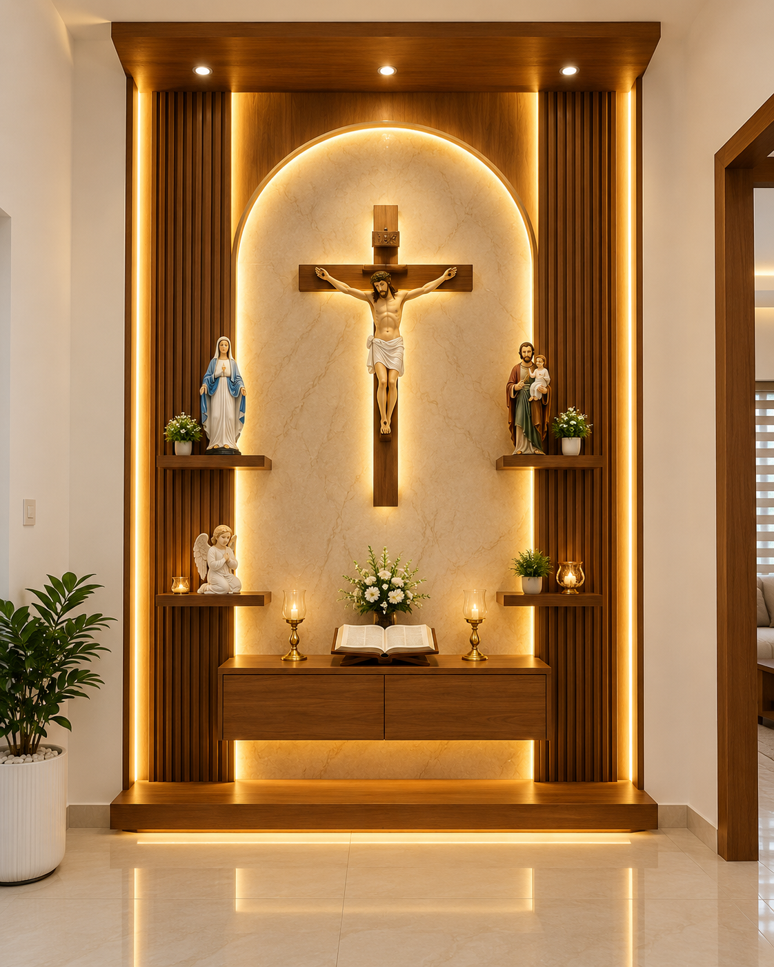 Wooden prayer wall with backlit 3D panel and shelves
